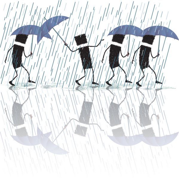 آواز خواندن در باران تصویر راه رفتن افراد مختلف همه با یک چتر از باران محافظت می شوند اما یکی