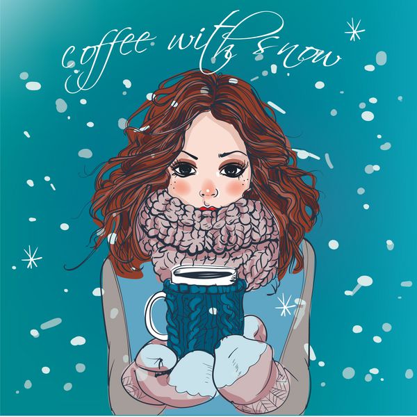 دختر ناز زمستانی با فنجان قهوه