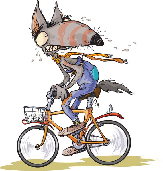 گرگ خنده دار ترسیده دوچرخه سواری می کند