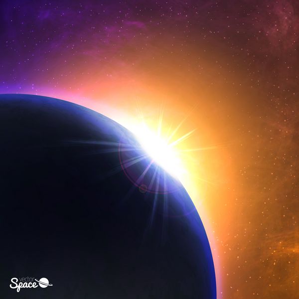 وکتور طلوع خورشید بر فراز سیاره سحر زیبا از دیدگاه sp پس زمینه کیهانی