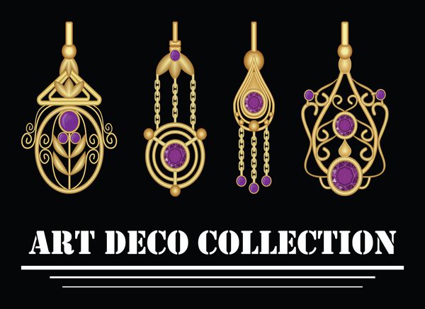 مجموعه ای از گوشواره های طلای ظریف با نگین آمیتیست بنفش در آرت دکو طراحی متقارن کلاسیک جواهری برای مناسبت های جشن