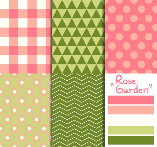 مجموعه ای از 5 الگوی هندسی ساده و بدون درز پالت رنگ باغ رز