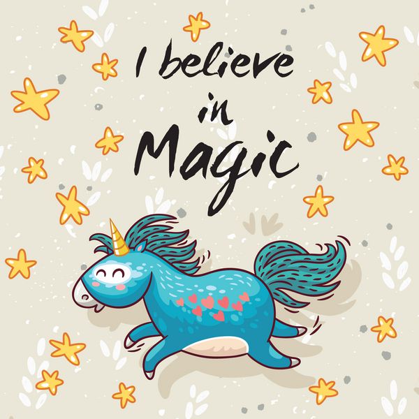کارت جادویی با اسب شاخدار زیبا وکتور تصویر کارتونی