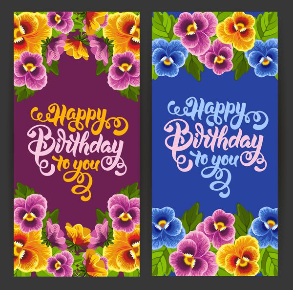 مجموعه کارت وکتور با مضمون تولدت مبارک با پانسی گل های رنگارنگ روکش های خوشنویسی دست کشیده تولدت مبارک سبک وینتیج