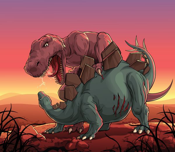 مبارزه دو دایناسور بزرگ - تیرانوسور و استگوسور