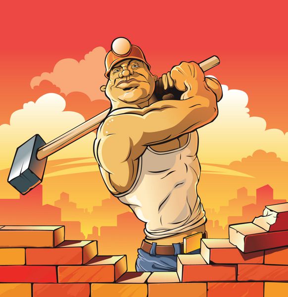 کارگر با چکش کارگر بزرگ قوی با کلاه ایمنی و با چکش در دست دیوار آجری را خراب می کند