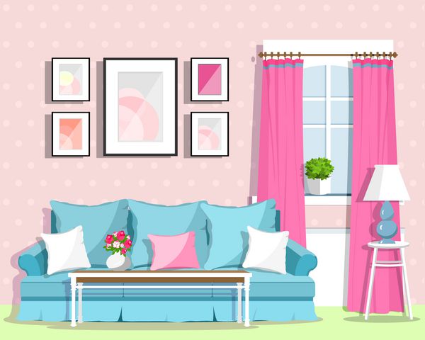 طراحی داخلی اتاق نشیمن رنگارنگ زیبا با مبلمان اتاق سبک رترو وکتور سبک مسطح