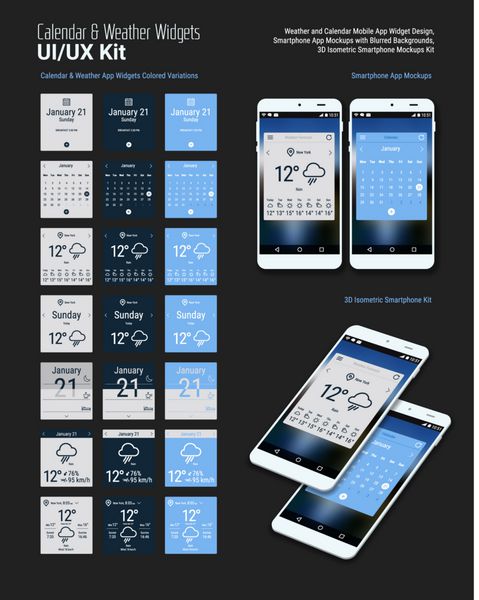 طراحی رابط کاربری ابزارک های برنامه موبایل تقویم و آب و هوا با مدل های گوشی هوشمند