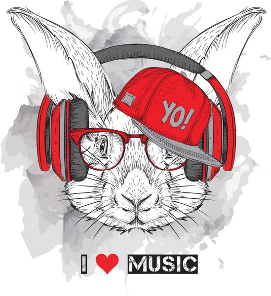 تصویر خرگوش در عینک هدفون و کلاه هیپ هاپ وکتور