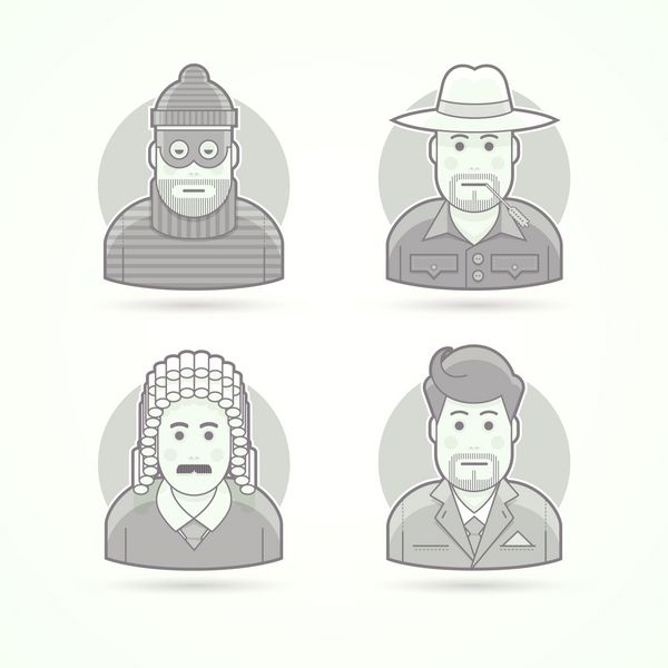 نمادهای دزد کشاورز قاضی تاجر تصاویر شخصیت آواتار و شخص سبک مشکی و سفید مسطح مشخص شده