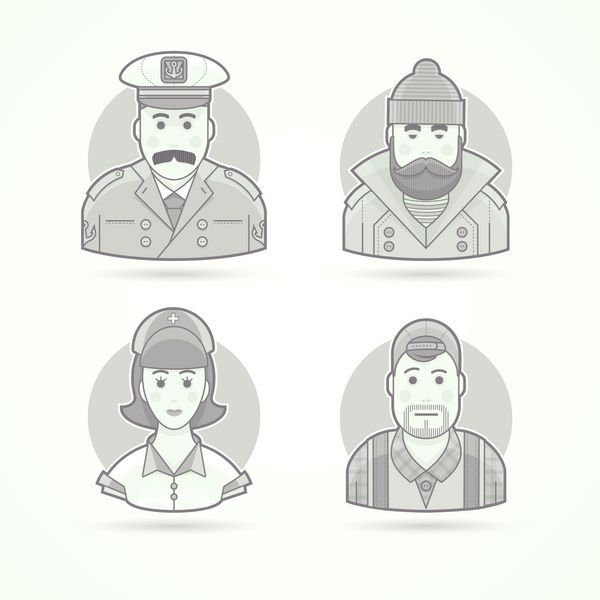نمادهای کاپیتان کشتی ماهیگیر پرستار و اپراتور ویدیویی تصاویر شخصیت آواتار و شخص سبک مشکی و سفید مسطح مشخص شده