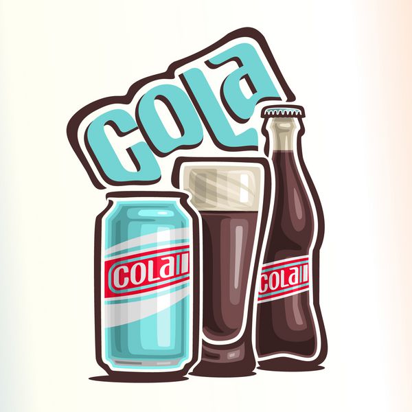 وکتور با موضوع لوگوی کولا متشکل از قوطی کولا فنجان شیشه ای پر شده با کولا و بطری شیشه ای بسته کولا