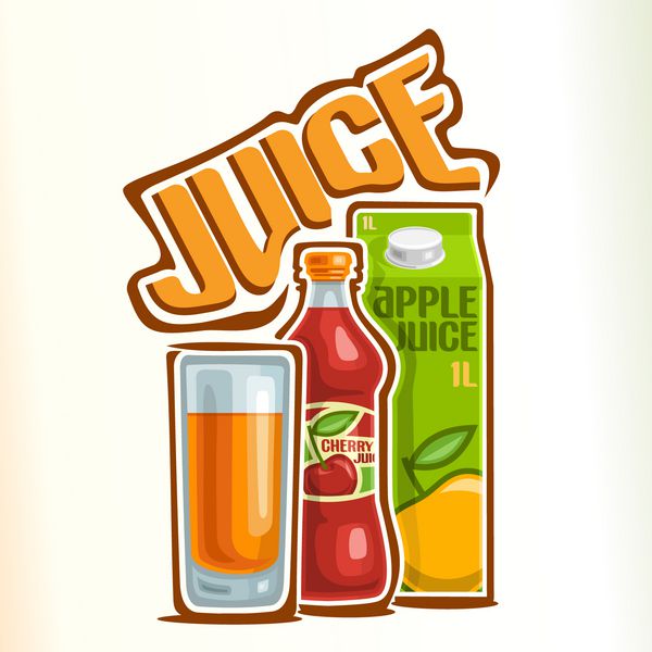 وکتور با موضوع لوگوی آبمیوه متشکل از یک فنجان شیشه ای پر از آب میوه بطری پلاستیکی در بسته با آب توت و یک جعبه کارتن آب میوه با نوشیدنی سیب