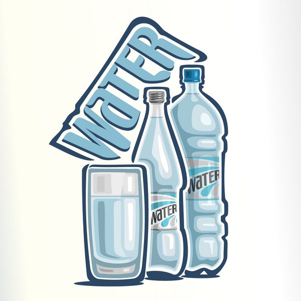 وکتور با موضوع لوگوی آب آشامیدنی متشکل از یک فنجان شیشه ای با آب تمیز بطری شیشه ای بسته آب شفاف و یک بطری پلاستیکی در بسته با آب معدنی