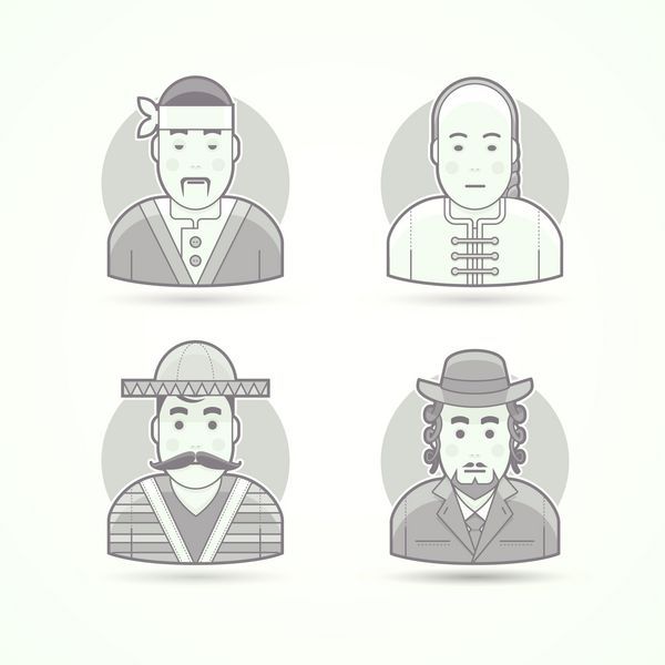 آشپز ژاپنی رئیس آسیایی شهروند مکزیکی مرد ارتدوکس یهودی مجموعه ای از تصاویر وکتور شخصیت آواتار و شخص سبک مشکی و سفید مسطح مشخص شده