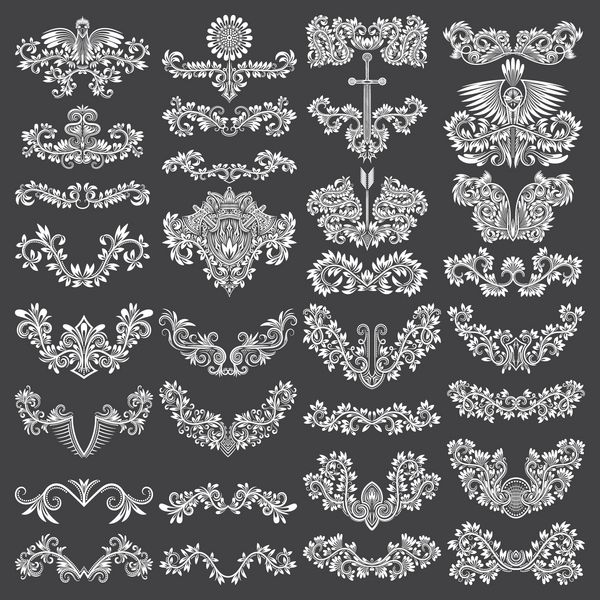 مجموعه بزرگی از عناصر زینتی برای طراحی تزئینات گل سفید روی مشکی الگوهای جدا شده در سبک قدیمی تزیینات پرنعمت صفحه