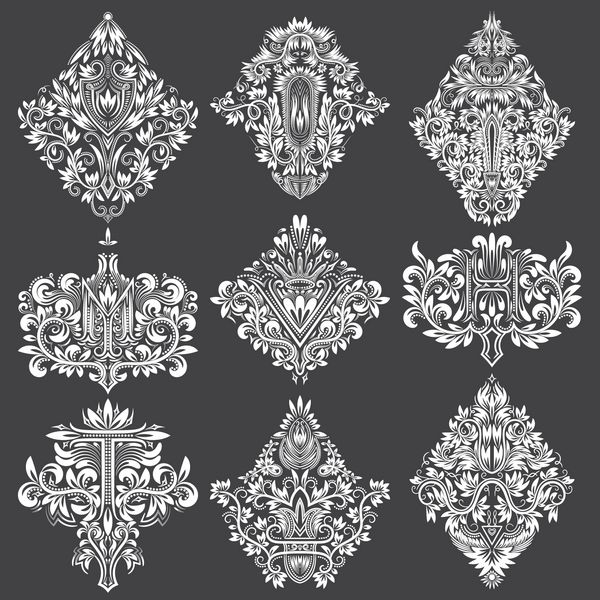 مجموعه ای از عناصر زینتی برای طراحی تزئینات گل سفید روی مشکی الگوهای ایزوله در سبک اوکی وینتیج