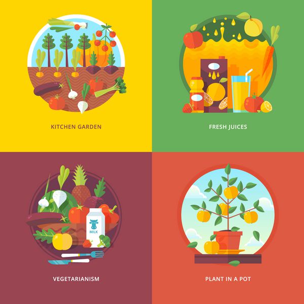 مجموعه ای از مفاهیم تصویرسازی طراحی مسطح برای باغ آشپزخانه آب میوه های تازه گیاهخواری و گیاه در گلدان باغبانی میوه و سبزیجات مفاهیم برای بنر وب و مواد تبلیغاتی