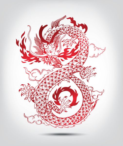 تصویری از اژدهای سنتی چینی شرقی که شعله های آتش می پرد وکتور شکل بی نهایت جدا شده سیاه و سفید