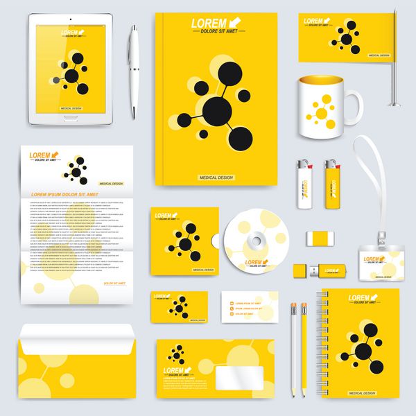 مجموعه زرد رنگ وکتور الگوی هویت شرکتی ماکت لوازم التحریر تجاری مدرن طراحی برند با آرم مولکول مفهوم پزشکی علم فناوری