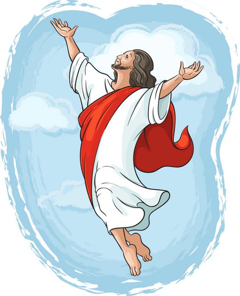 معجزات عیسی مسیح عروج عیسی در حال بلند کردن دست به سوی خدا در آسمان آبی بین ابرها