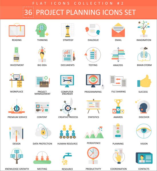 مجموعه آیکون های مسطح رنگی برنامه ریزی پروژه وکتور طراحی به سبک زیبا