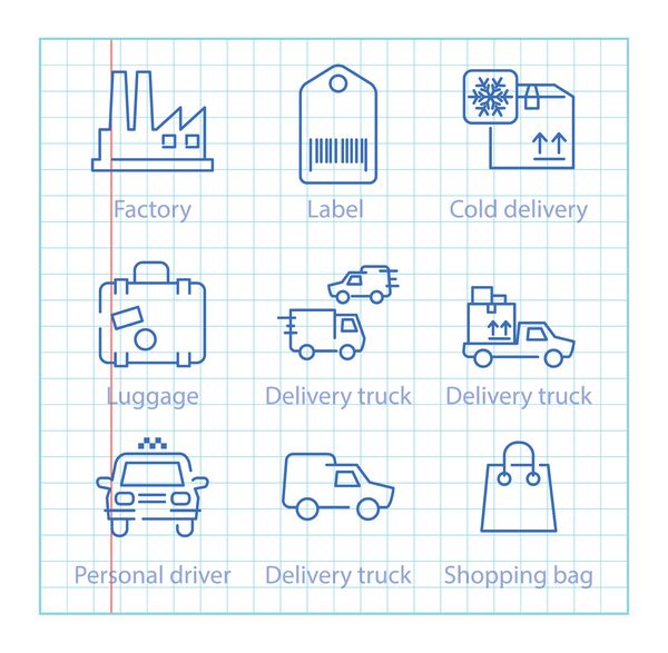نمادهای وکتور خط نازک برای تدارکات حمل و نقل و تحویل تنظیم شده است