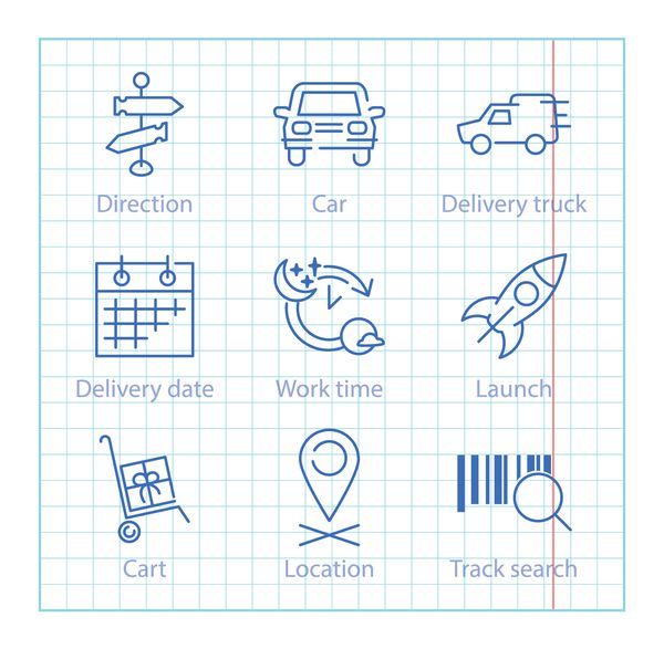 نمادهای وکتور خط نازک برای تدارکات حمل و نقل و تحویل تنظیم شده است