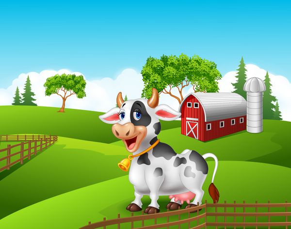 کارتونی گاو خنده دار در پس زمینه منظره مزرعه