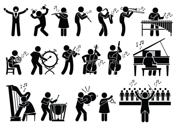 نوازندگان سمفونیک ارکستر با ذات موسیقی نمادهای پیکتوگرام را می چسبانند