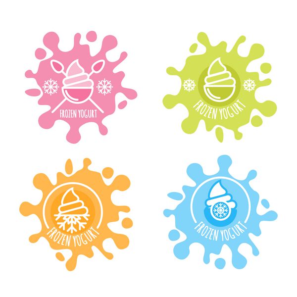 مجموعه ای از آرم وکتور برچسب ماست منجمد در پاشش شیر چند رنگ نمادهای تخت بستنی نمادهای مد روز را ترسیم کنید عناصر طراحی برای بسته بندی و چاپ