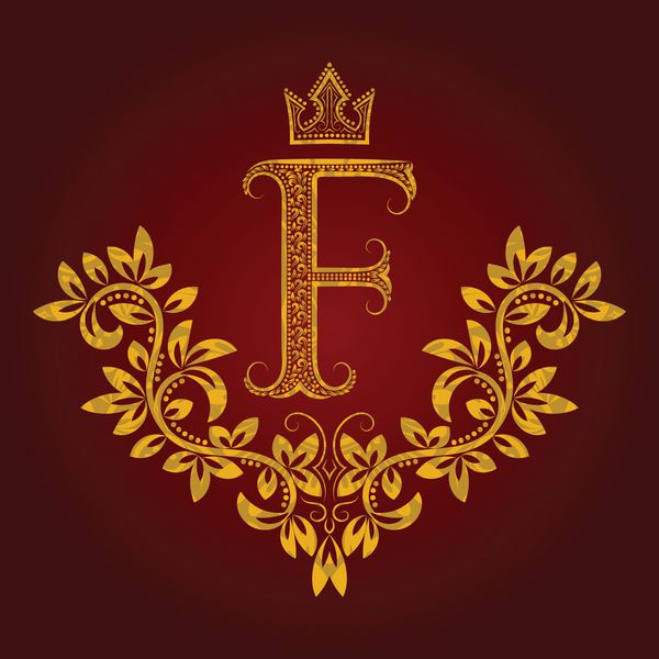 مونوگرام حرف F طلایی طرح دار به سبک وینتیج نشان هرالدیک الگوی لوگوی oque