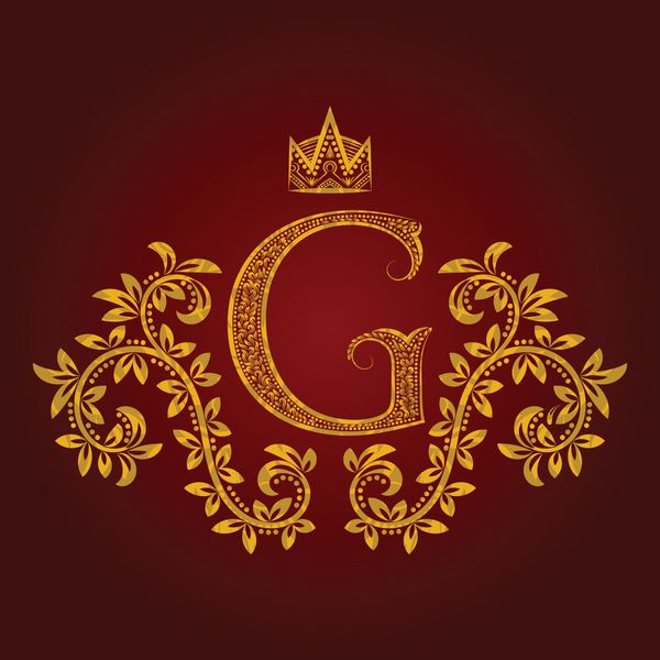 مونوگرام حرف طلایی طرحدار g به سبک وینتیج نشان هرالدیک الگوی لوگوی oque