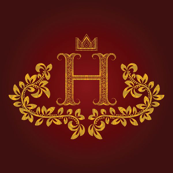 مونوگرام حرف h طلایی طرح دار به سبک وینتیج نشان هرالدیک الگوی لوگوی oque