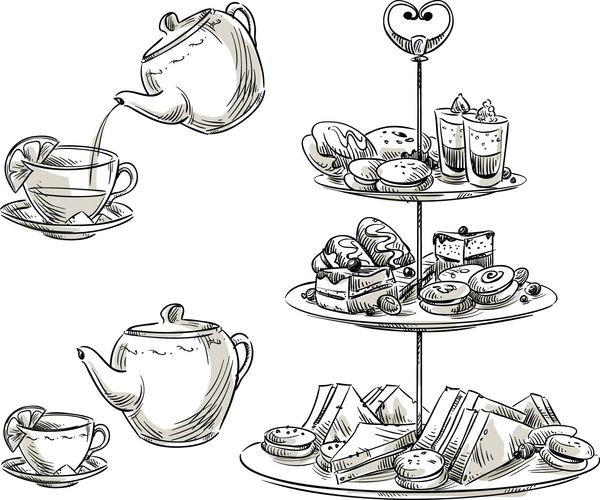 مجموعه تنقلات روی سینی وقت چای خوری طرح برداری