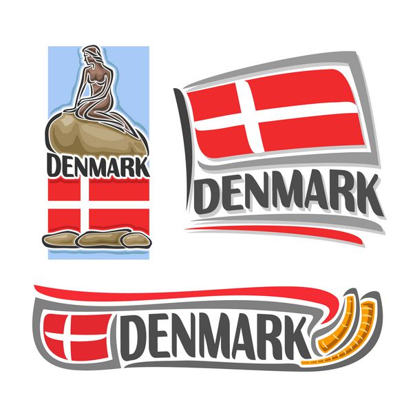 وکتور آرم دانمارک متشکل از 3 تصویر جدا شده پرچم دانمارک زیر مجسمه پری دریایی کوچک نماد افقی دانمارک و پرچم روی پس زمینه شاخ های طلایی gallehusa