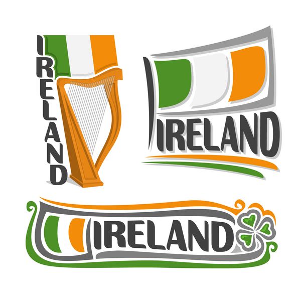 وکتور از لوگوی ایرلند متشکل از 3 تصویر جدا شده پرچم دولتی بالای چنگ نماد ایرلند و پرچم در پس زمینه شبدر سبز برگ