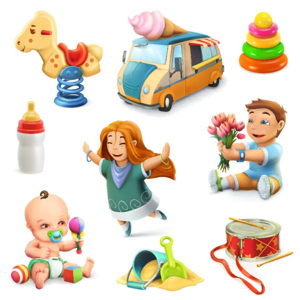 بچه ها و اسباب بازی ها مجموعه ای از نمادهای وکتور