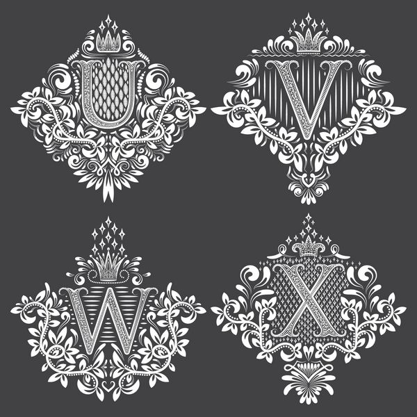 مجموعه ای از مونوگرام های هرالدیک به شکل نشان ها تمبرهای تزئینی گلدار سفید روی مشکی برچسب های جدا شده در سبک اوکی وینتج