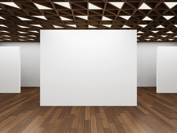 غرفه نمایشگاهی سفید خالی با فضای داخلی گالری تصاویر هنری به عنوان پس زمینه رندر سه بعدی