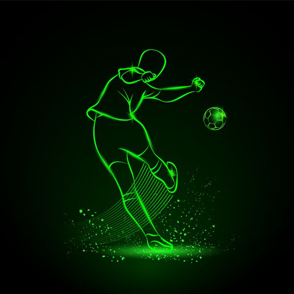 بازیکن فوتبال به توپ ضربه می زند نمای پشتی وکتور تصویر نئون ورزشی