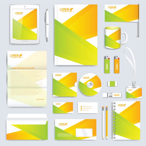 مجموعه هندسی رنگارنگ وکتور الگوی هویت شرکتی ماکت لوازم التحریر مدرن پس زمینه با خطوط سبز و زرد