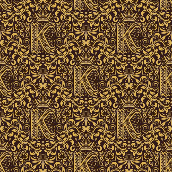 پس زمینه تکرار الگوی بدون درز گلدار زیور گل طلایی قهوه ای با حرف k و تاج به سبک اوکی کاغذ دیواری قابل تکرار طلایی عتیقه