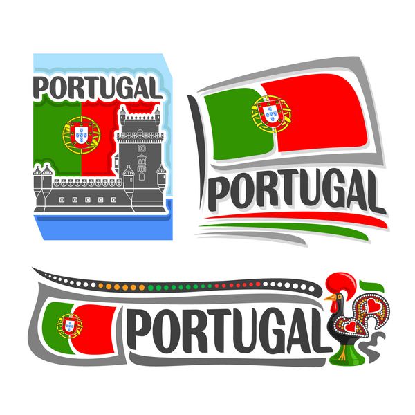 وکتور از لوگوی پرتغال متشکل از 3 تصویر جدا شده پرچم ملی پشت برج بلم نماد افقی پرتغال و پرچم روی پس زمینه خروس