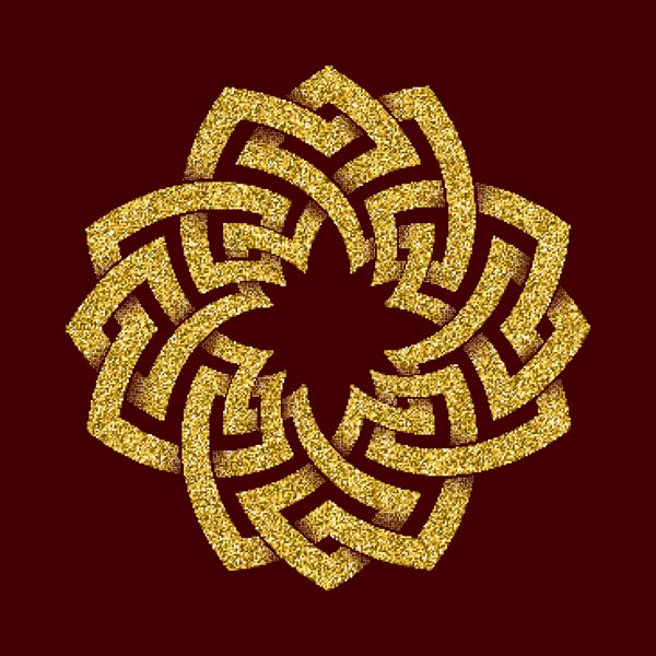 الگوی لوگوی پر زرق و برق طلایی به سبک گره های سلتیک در پس زمینه قرمز تیره نماد صلیبی زیور آلات طلا برای طراحی جواهرات