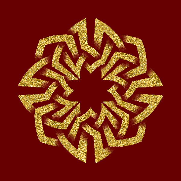 الگوی لوگوی پر زرق و برق طلایی به سبک گره های سلتیک در پس زمینه قرمز تیره نماد به شکل پیچ و خم هشت ضلعی زیور آلات طلا برای طراحی جواهرات