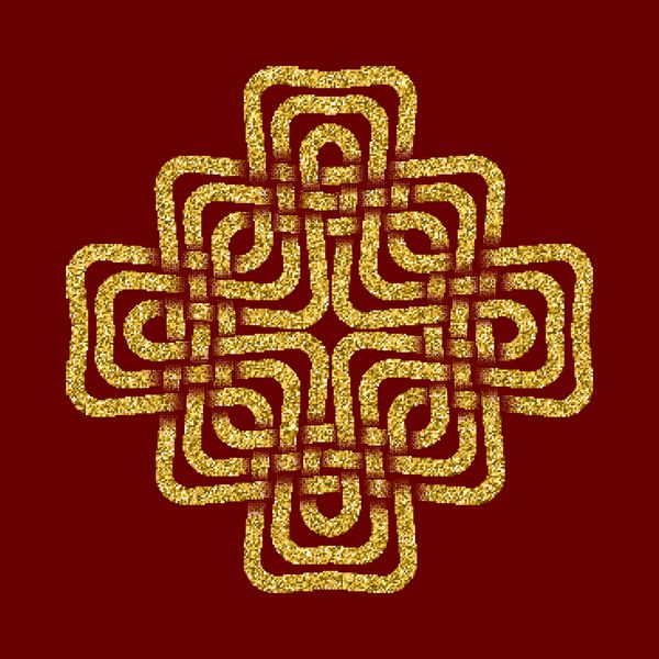 الگوی لوگوی پر زرق و برق طلایی به سبک گره های سلتیک در پس زمینه قرمز تیره نماد به شکل پیچ و خم صلیبی زیور آلات طلا برای طراحی جواهرات