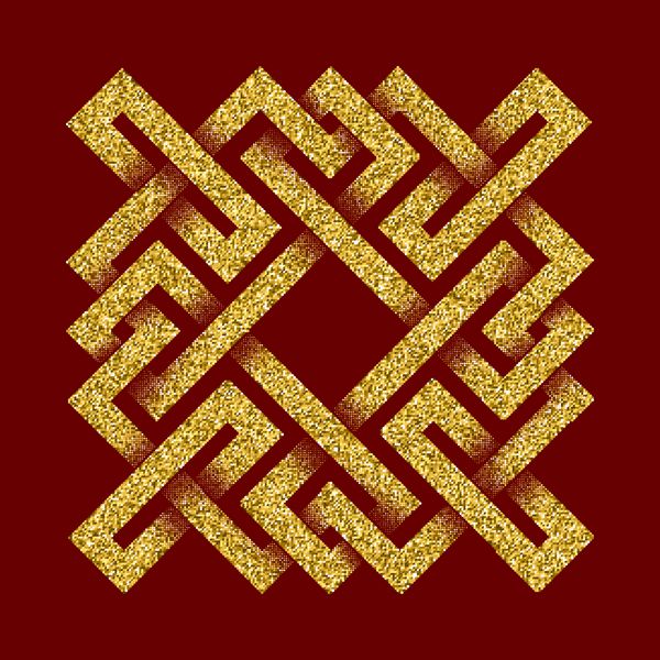 الگوی لوگوی پر زرق و برق طلایی به سبک گره های سلتیک در پس زمینه قرمز تیره نماد به شکل ماز مربعی زیور آلات طلا برای طراحی جواهرات