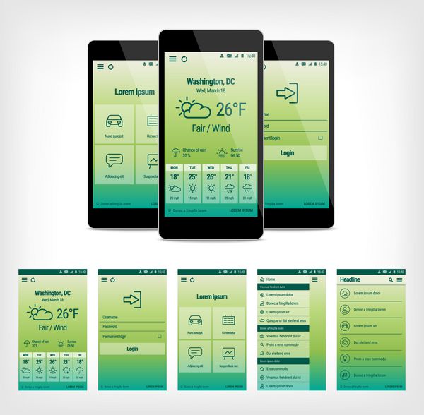 مجموعه وکتور طرح رابط کاربری سبز موبایل