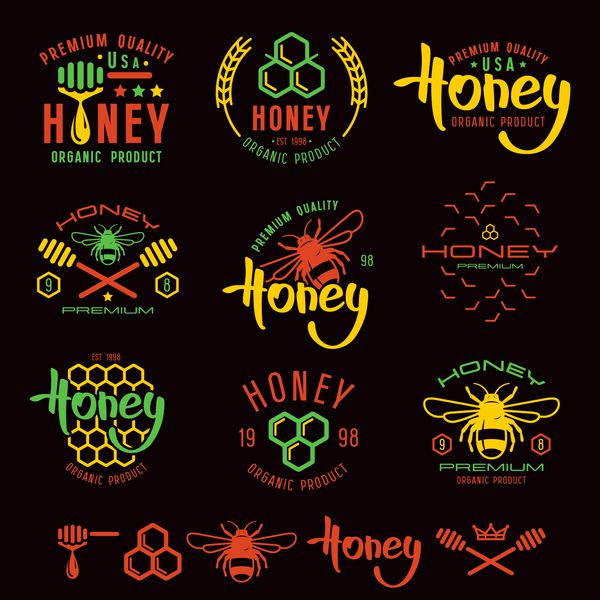 مجموعه ای از برچسب های عسل نشان ها و عناصر طراحی
